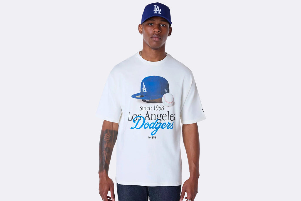 New Era LA Dodgers MLB Script Open Graphic Tee Off White