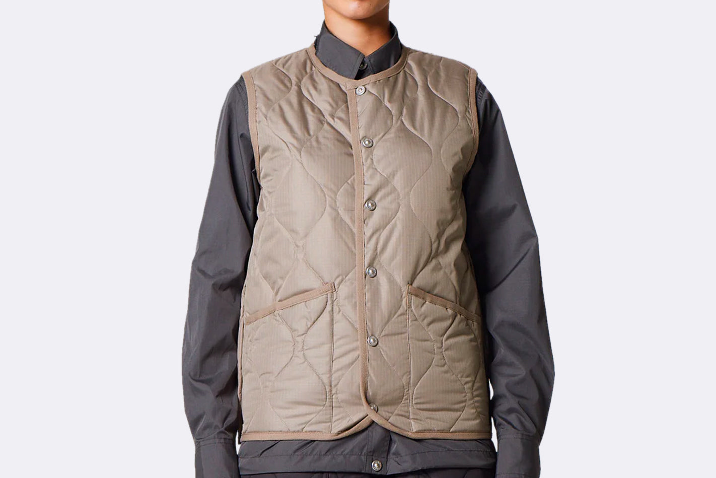 Taion Unisex Military Button Crew Neck Down Vest Light Mocha