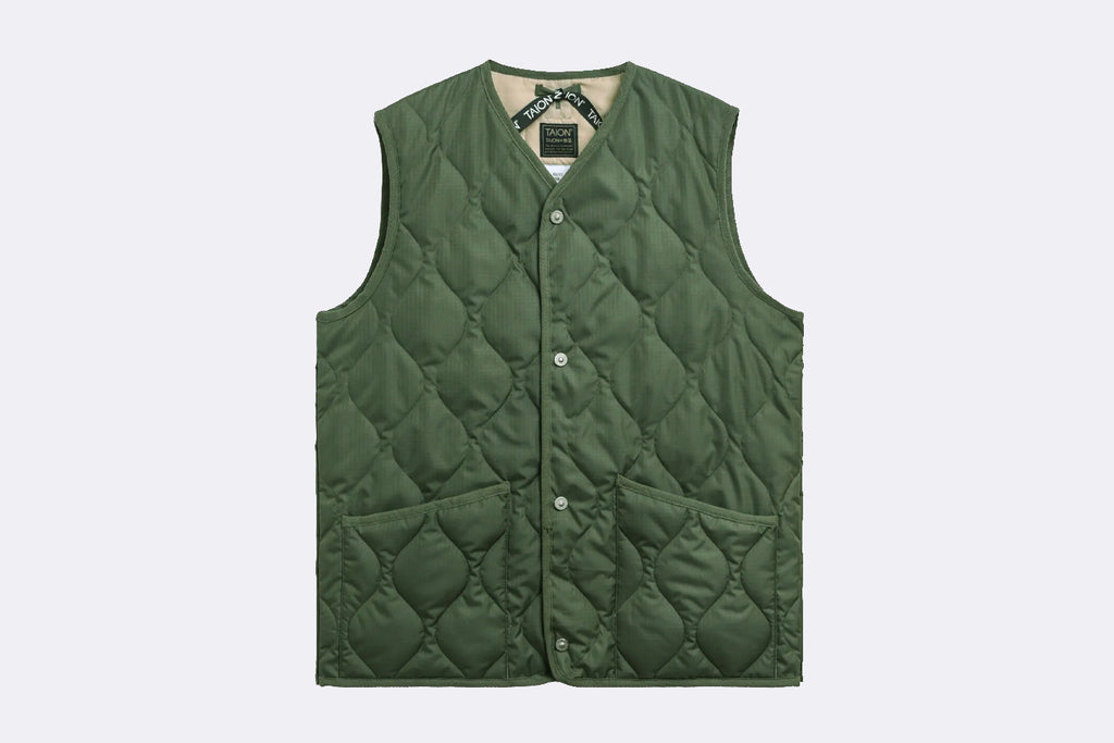 Taion Unisex Military Button Crew Neck Down Vest Olive