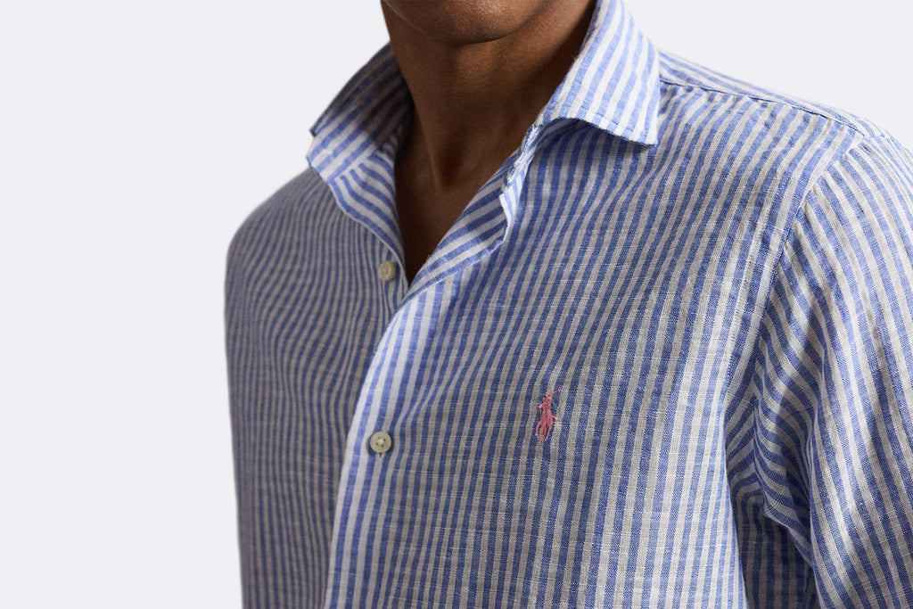 Polo Ralph Lauren Striped Seersucker Long Sleeve Linen Shirt Blue White