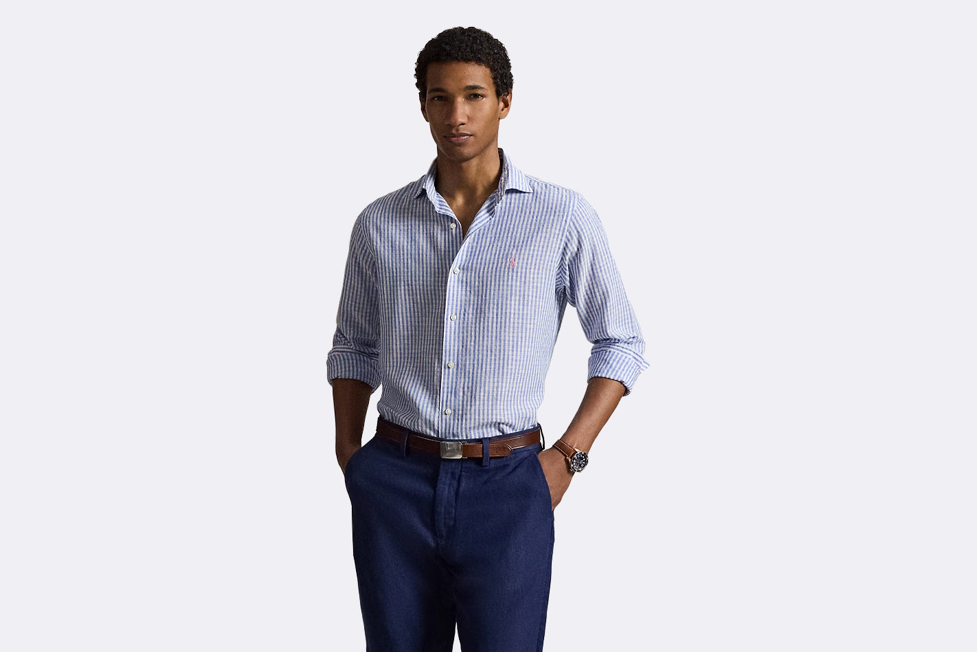 Polo Ralph Lauren Striped Seersucker Long Sleeve Linen Shirt Blue White