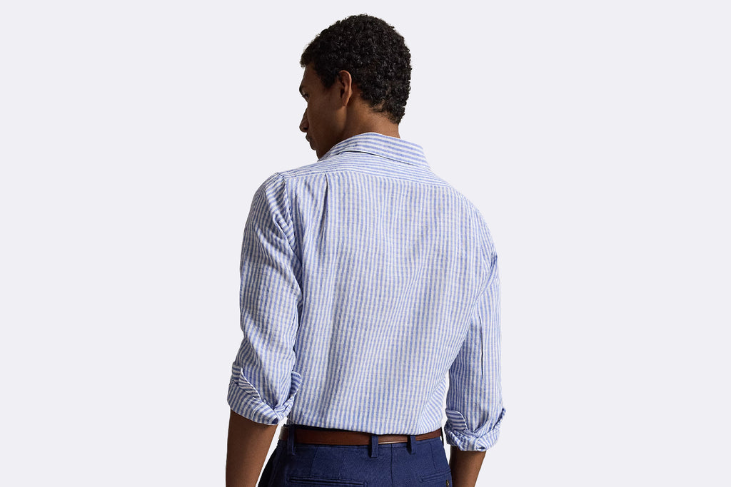 Polo Ralph Lauren Striped Seersucker Long Sleeve Linen Shirt Blue White