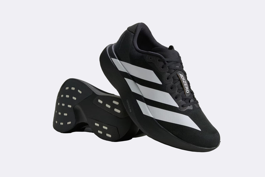Zapatillas Adidas Adizero Evo SL en color negro para hombre, vista lateral y suela